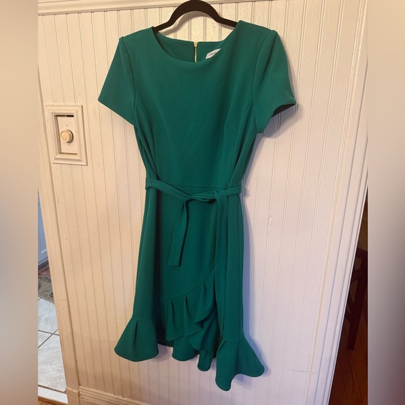 Calvin Klein Green Ruffle Tulip Hem Belted Dress Size 10 - Picture 1 of 6